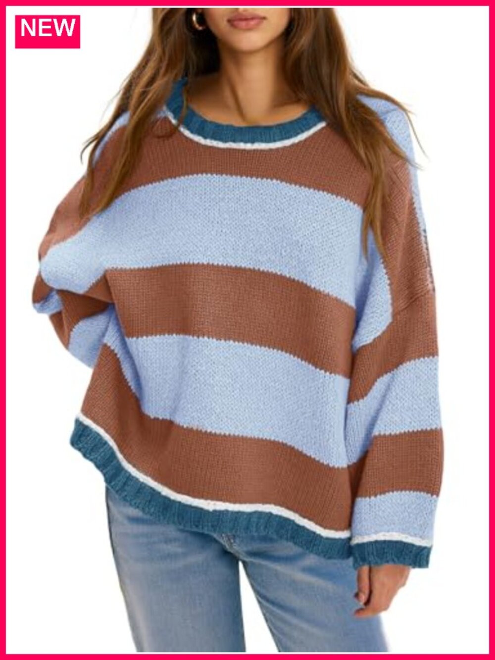 Oversized Knitted Striped Color Block Long Sleeve Crew Neck Pullover Sweater - Picture 1 of 6